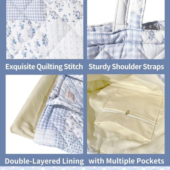 Cotton Quilted Tote Bag Medium Floral Large Capacity Lightweight Durable - Picture 7 of 7